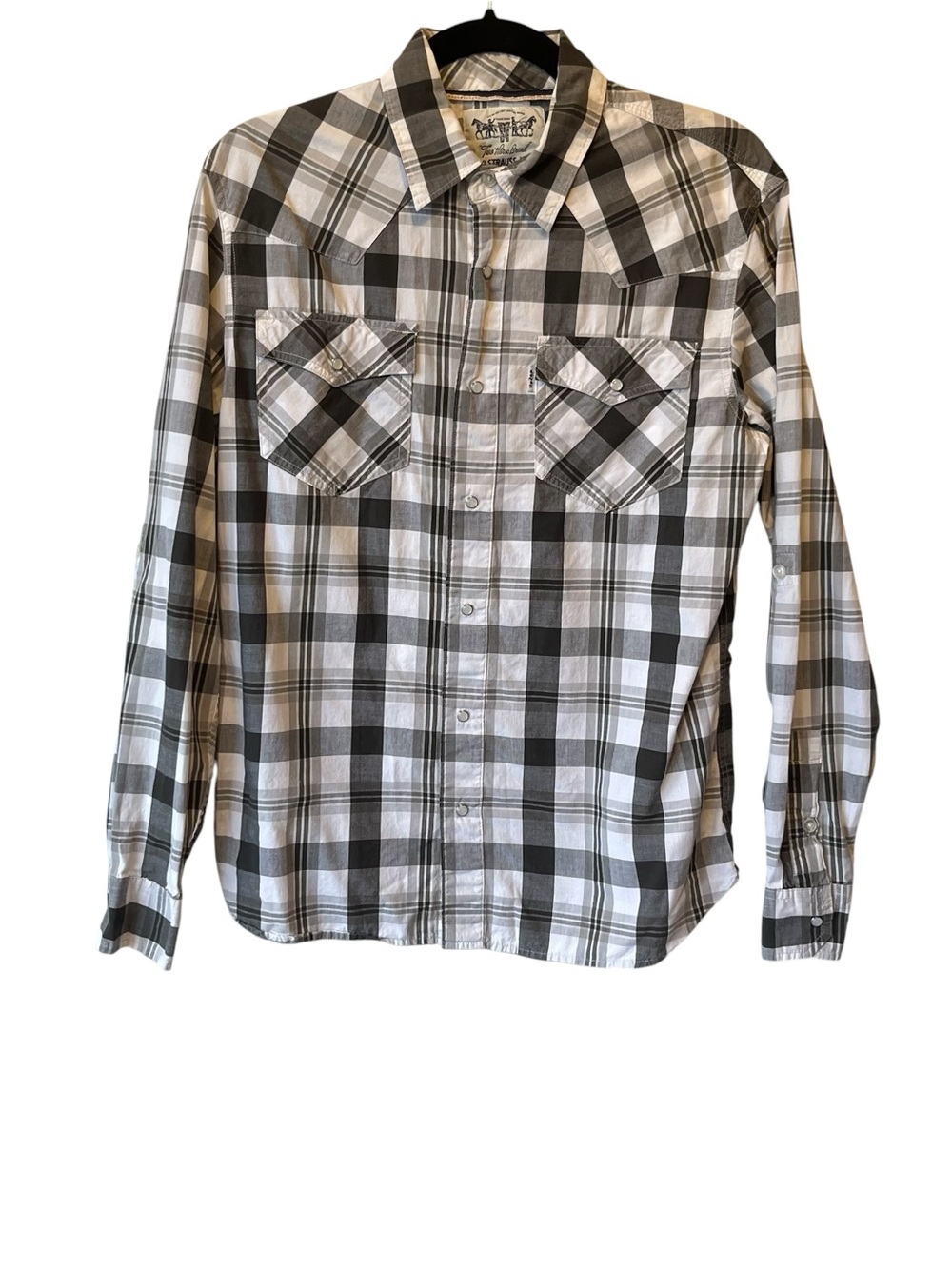 Levis Western Pearl button snap Shirt S Black white plaid Mens Roll tab sleeves